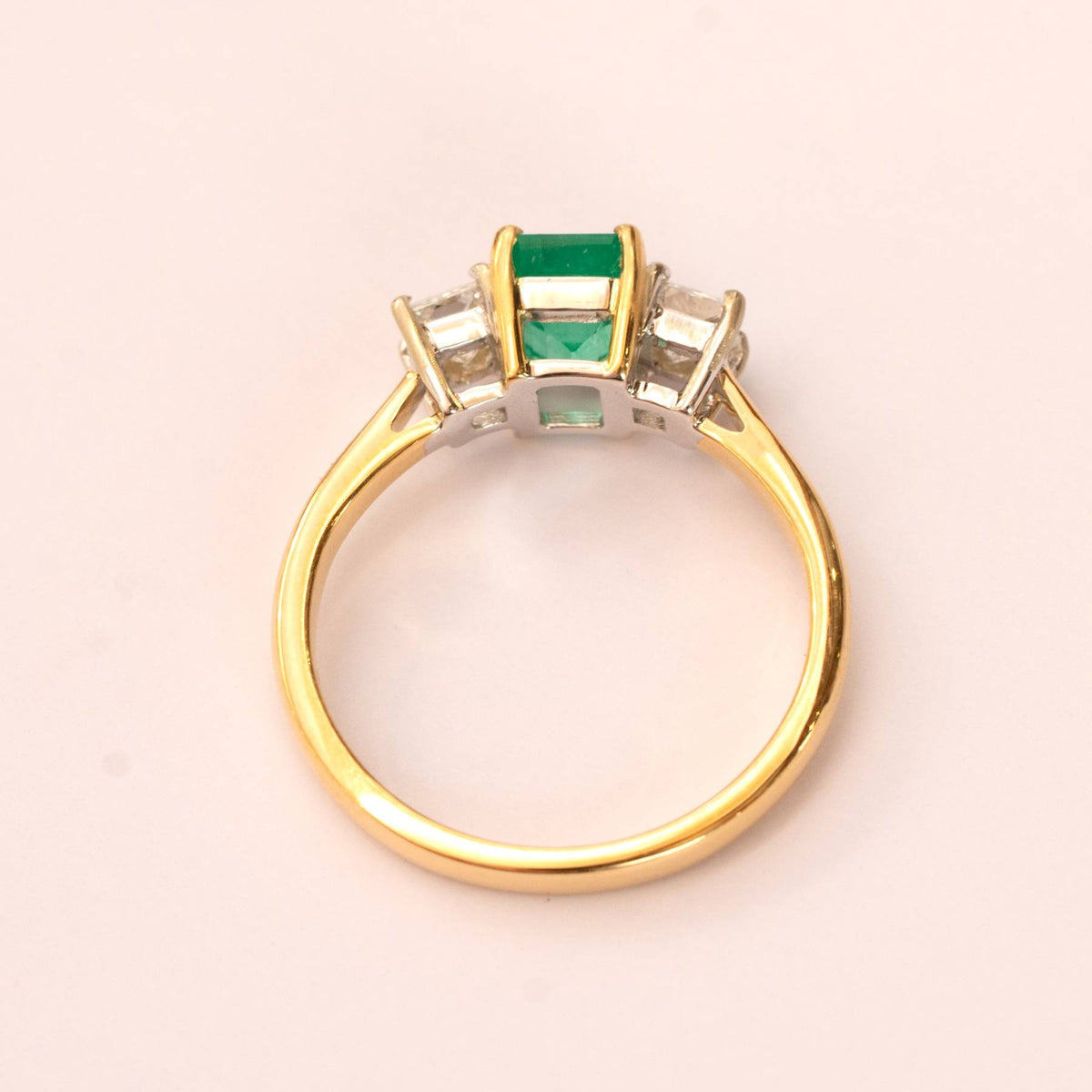 Natural Colombian Emerald and Diamond Three Stone Ring in 18K Gold