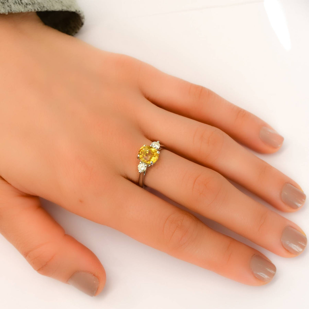 Vivid Yellow Sapphire and Diamonds Three Stone Ring in 18ct Gold