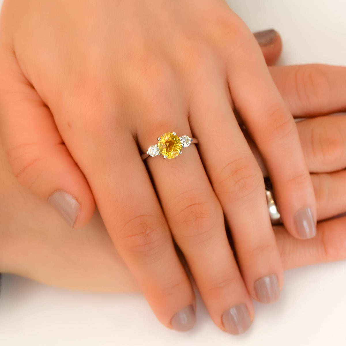 Vivid Yellow Sapphire and Diamonds Three Stone Ring in 18ct Gold