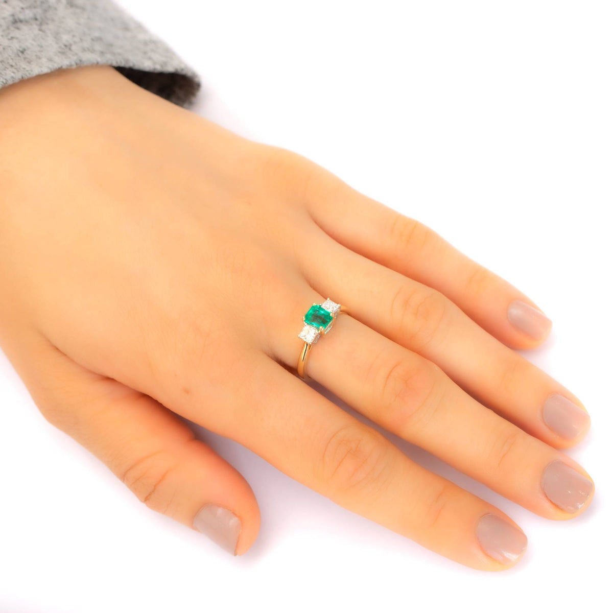 Natural Colombian Emerald and Diamond Three Stone Ring in 18K Gold