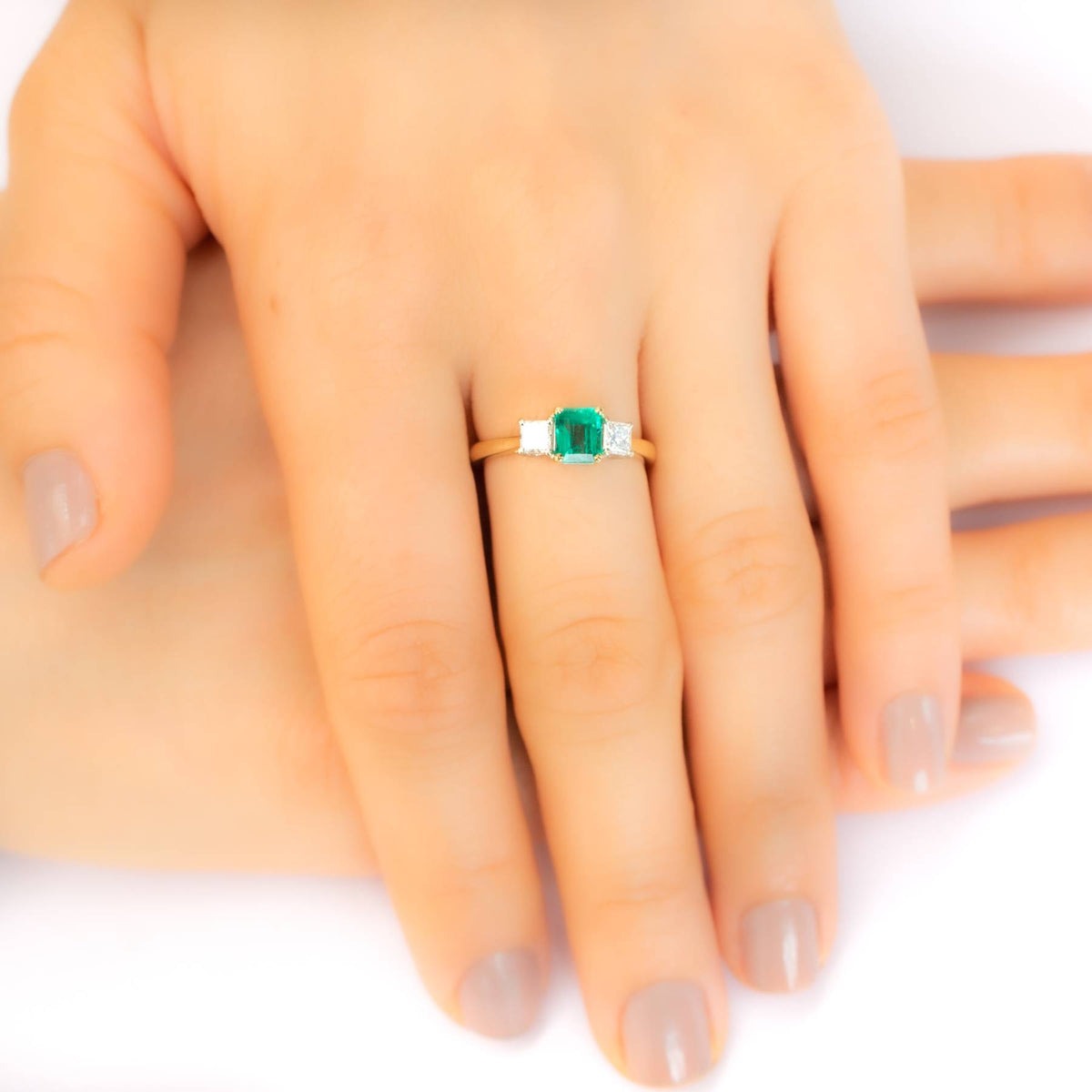Natural Colombian Emerald and Diamond Three Stone Ring in 18K Gold