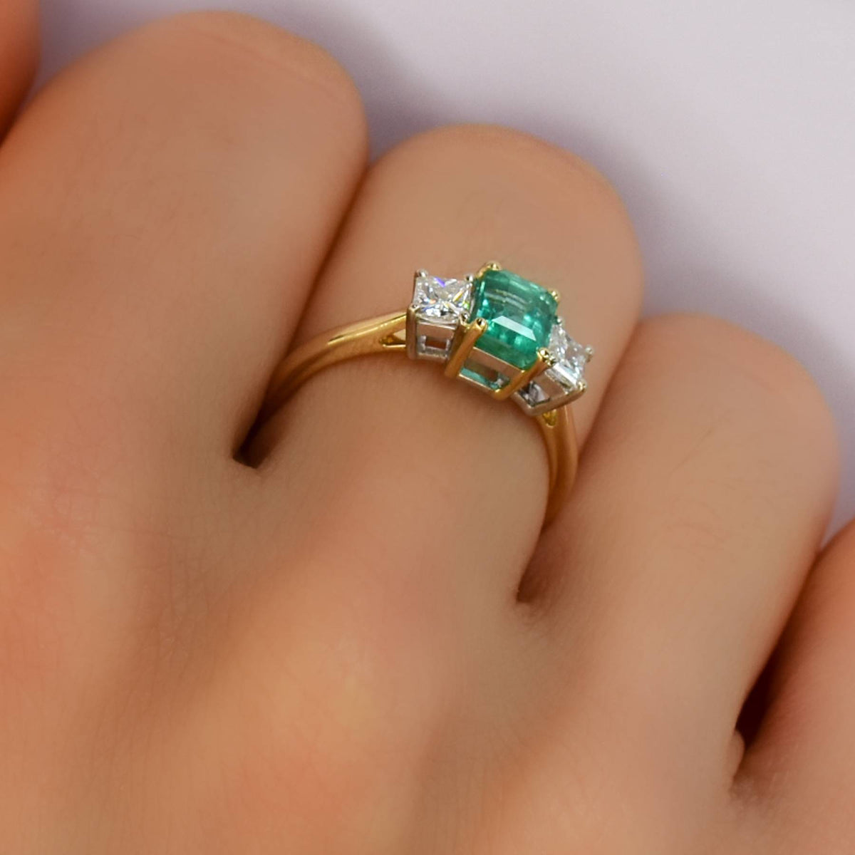 Natural Colombian Emerald and Diamond Three Stone Ring in 18K Gold