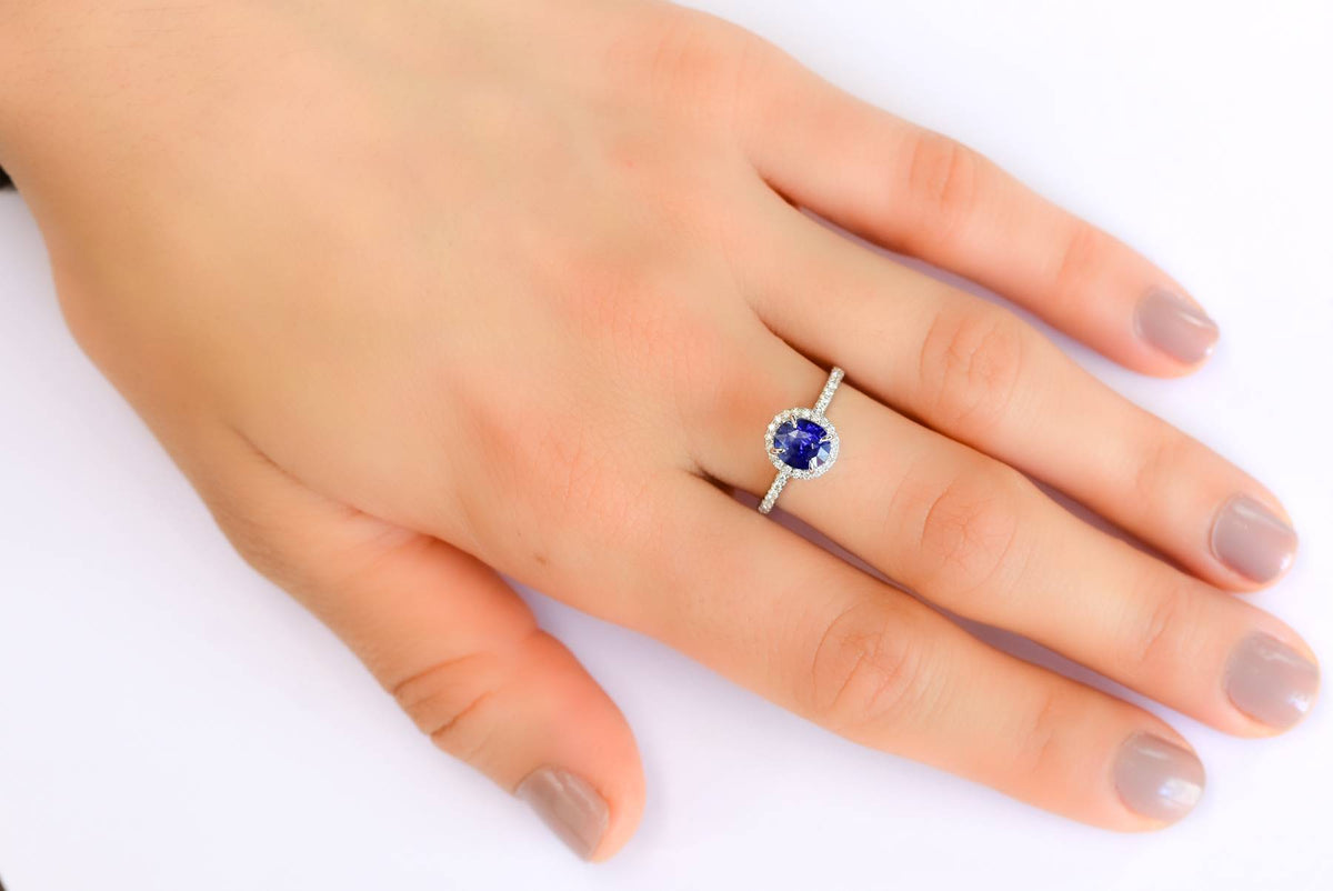 Unheated 1.85ct Ceylon Sapphire and Diamond Halo Ring in 18k White Gold