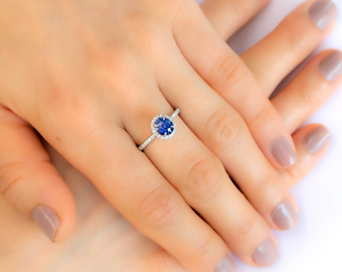 Unheated 1.85ct Ceylon Sapphire and Diamond Halo Ring in 18k White Gold