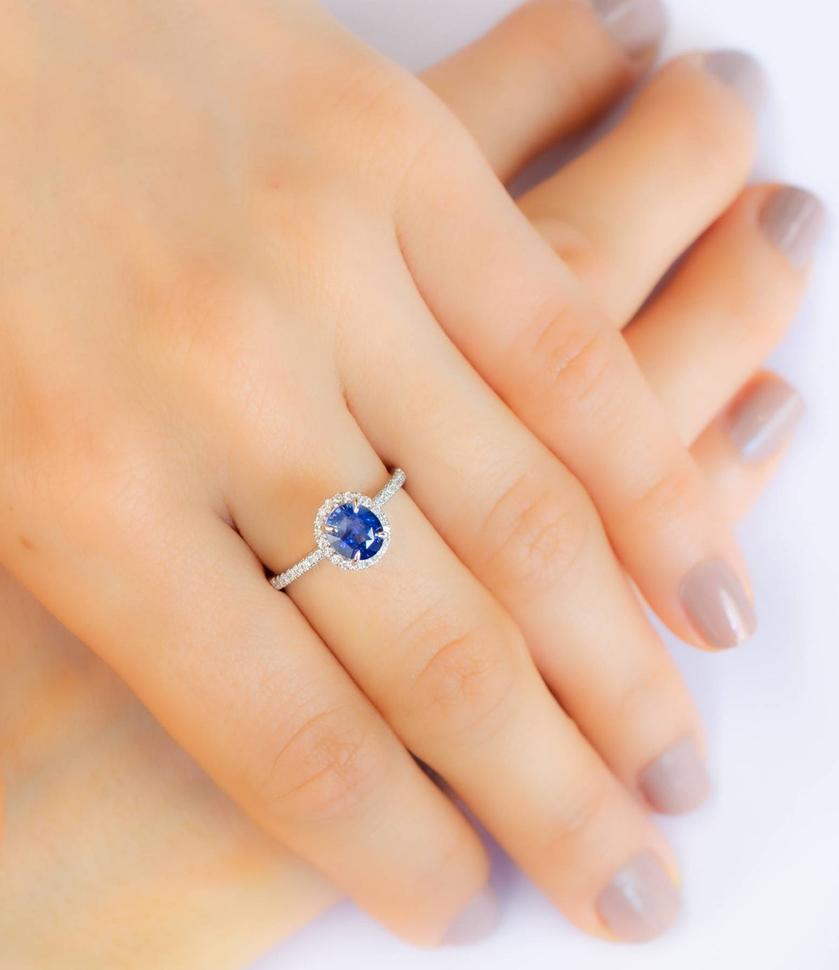 Unheated 1.85ct Ceylon Sapphire and Diamond Halo Ring in 18k White Gold