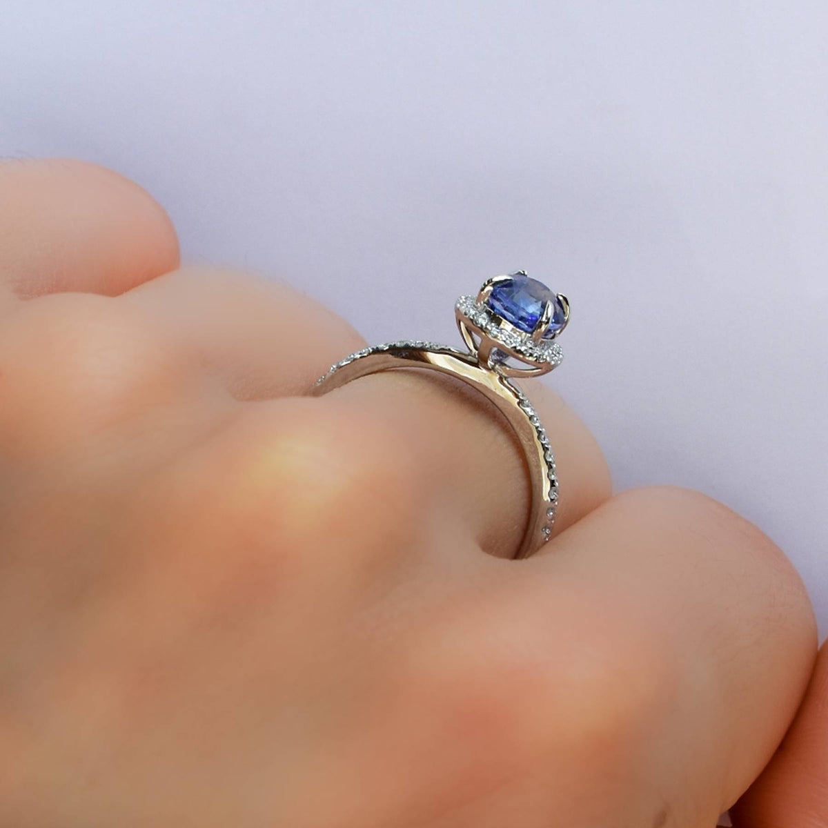 Unheated 1.85ct Ceylon Sapphire and Diamond Halo Ring in 18k White Gold