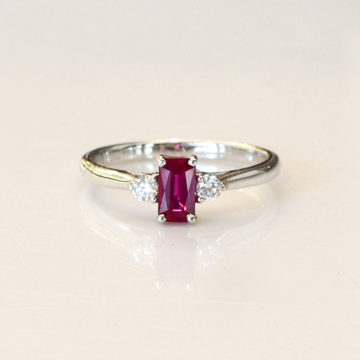 Natural Ruby and Diamond Three Stone Ring 18K Gold