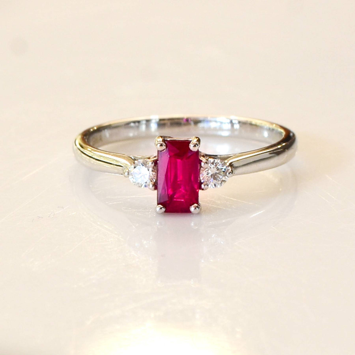Natural Ruby and Diamond Three Stone Ring 18K Gold