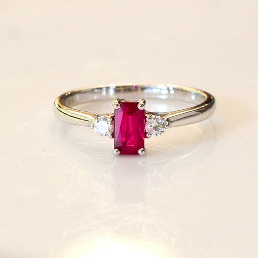 Natural Ruby and Diamond Three Stone Ring 18K Gold