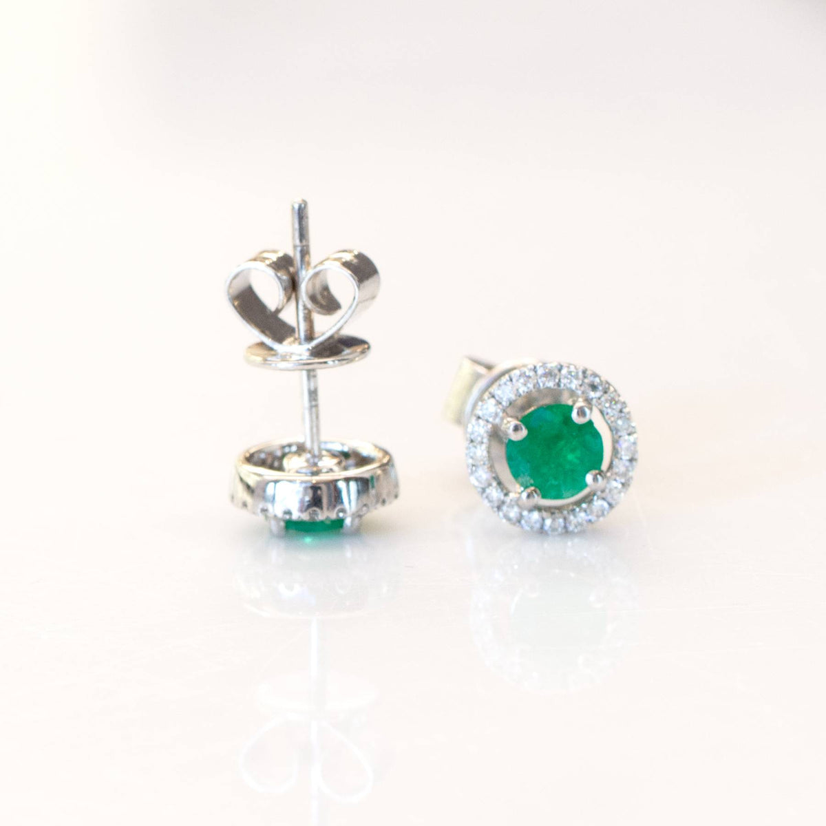 0.70ct Natural Colombian Emerald and Diamond Stud Earrings in 18K Gold