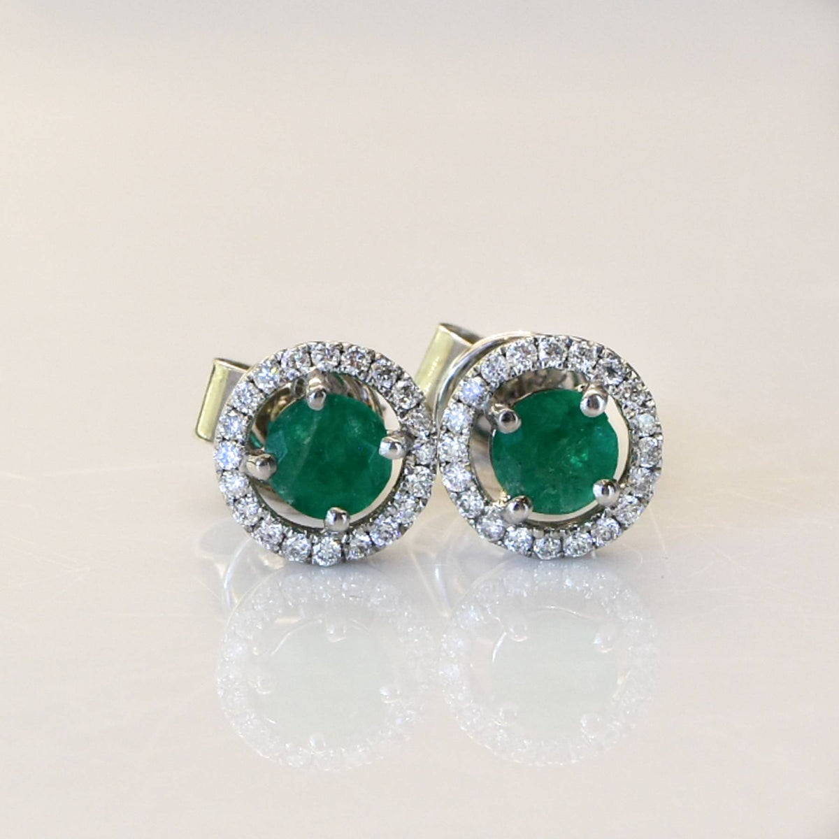 0.70ct Natural Colombian Emerald and Diamond Stud Earrings in 18K Gold