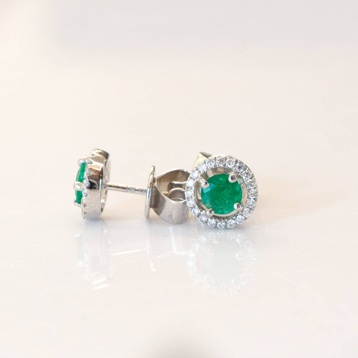 0.70ct Natural Colombian Emerald and Diamond Stud Earrings in 18K Gold