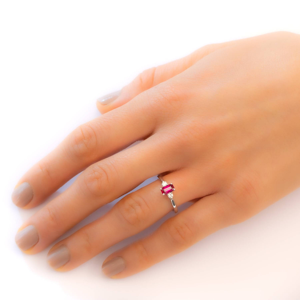 Natural Ruby and Diamond Three Stone Ring 18K Gold