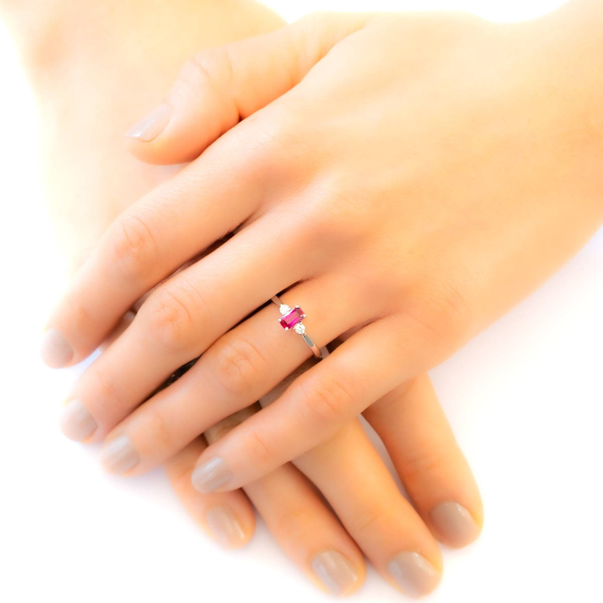 Natural Ruby and Diamond Three Stone Ring 18K Gold