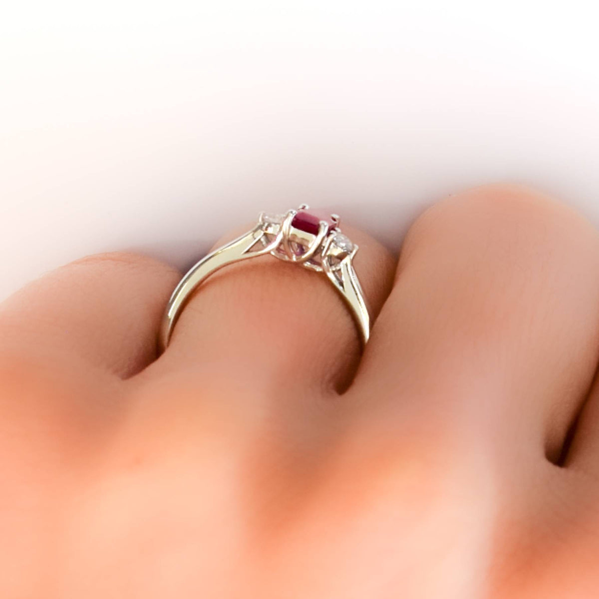 Natural Ruby and Diamond Three Stone Ring 18K Gold