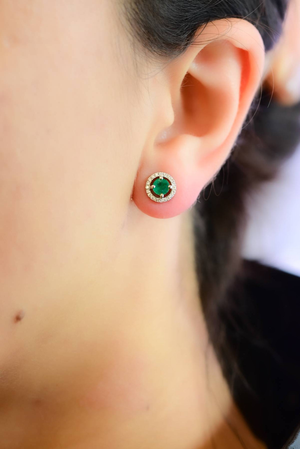 0.70ct Natural Colombian Emerald and Diamond Stud Earrings in 18K Gold