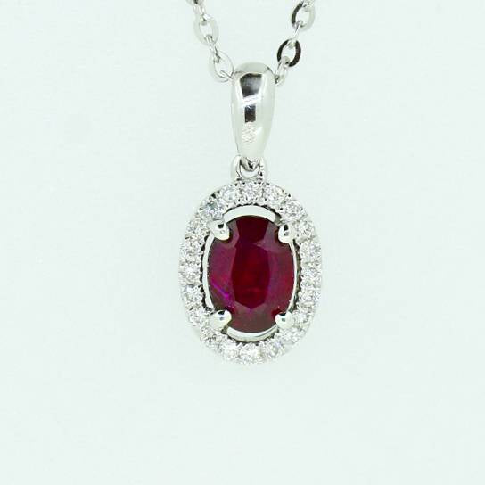 Natural Ruby and Diamond Halo Pendant in 18K Gold