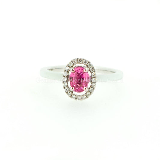 Natural Pink Sapphire and Diamond Halo Ring in 18K Gold