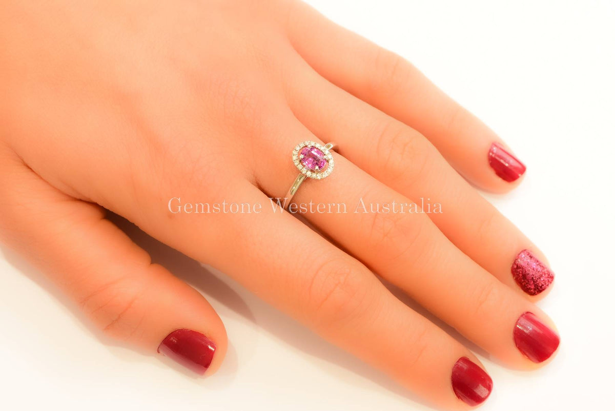 Natural Pink Sapphire and Diamond Halo Ring in 18K Gold