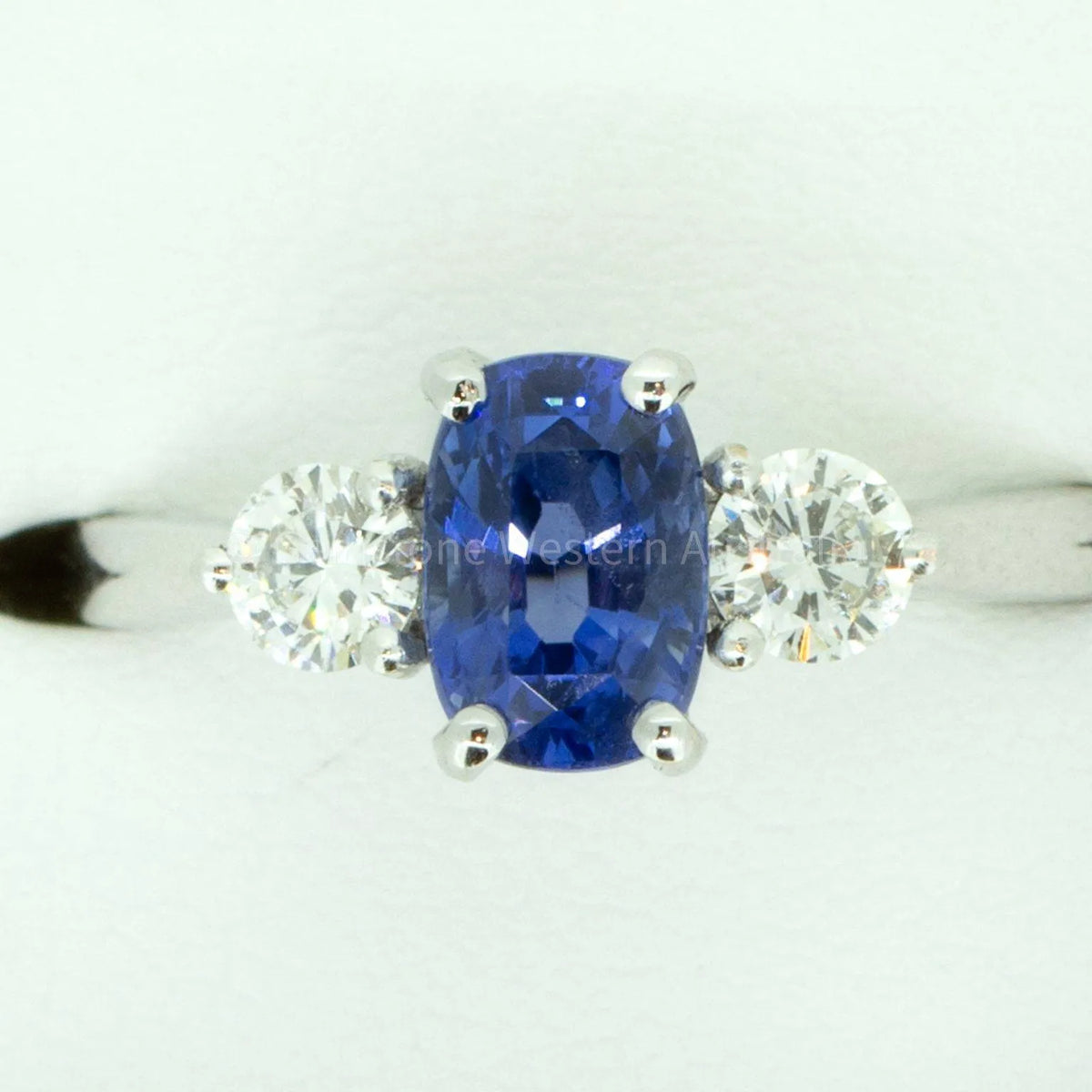 Cornflower Blue Ceylon Sapphire and Diamond Three Stone Ring 18K Gold