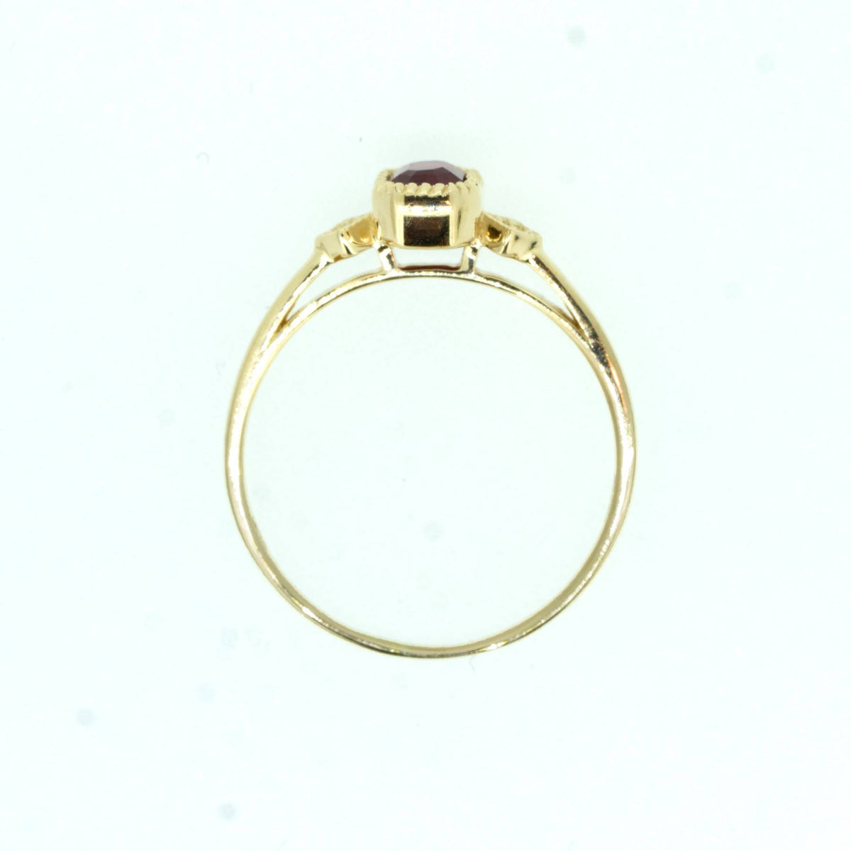 Ruby and Diamond Three Stone Petite Minimal Thin Ring in Yellow Gold