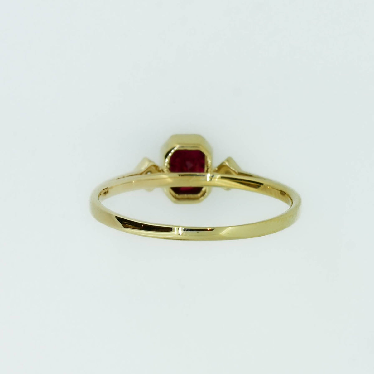 Ruby and Diamond Three Stone Petite Minimal Thin Ring in Yellow Gold