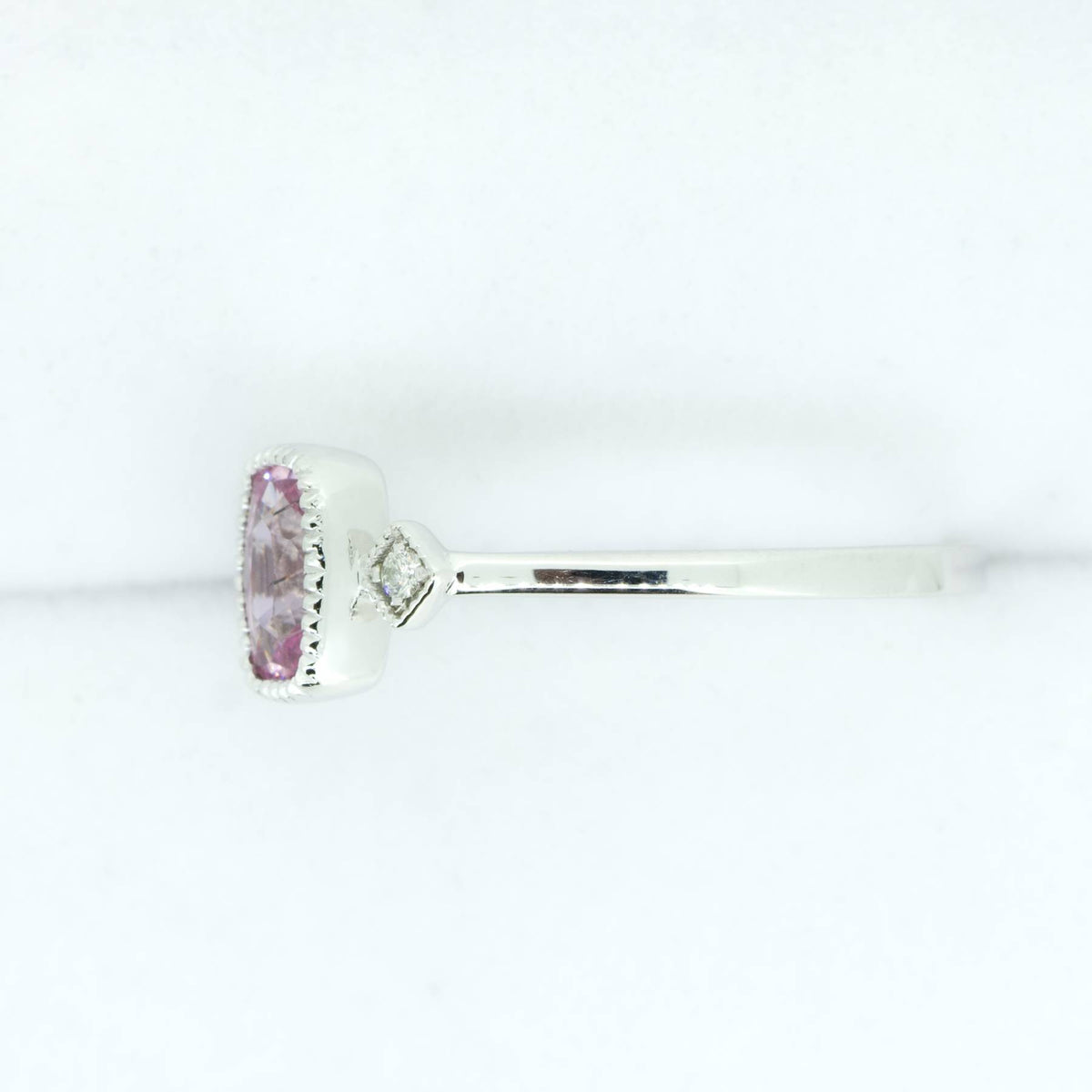 Natural Pink Sapphire and Diamond Three Stone Ring in White Gold
