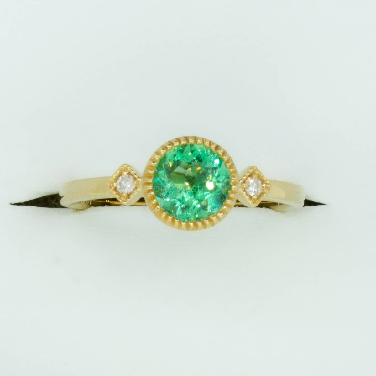 Natural Colombian Emerald and Diamond Three Stone Ring in 18K Yellow Gold