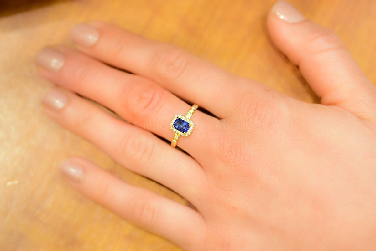 Sapphire and Diamond Halo Ring Handmade - Unheated Sapphire