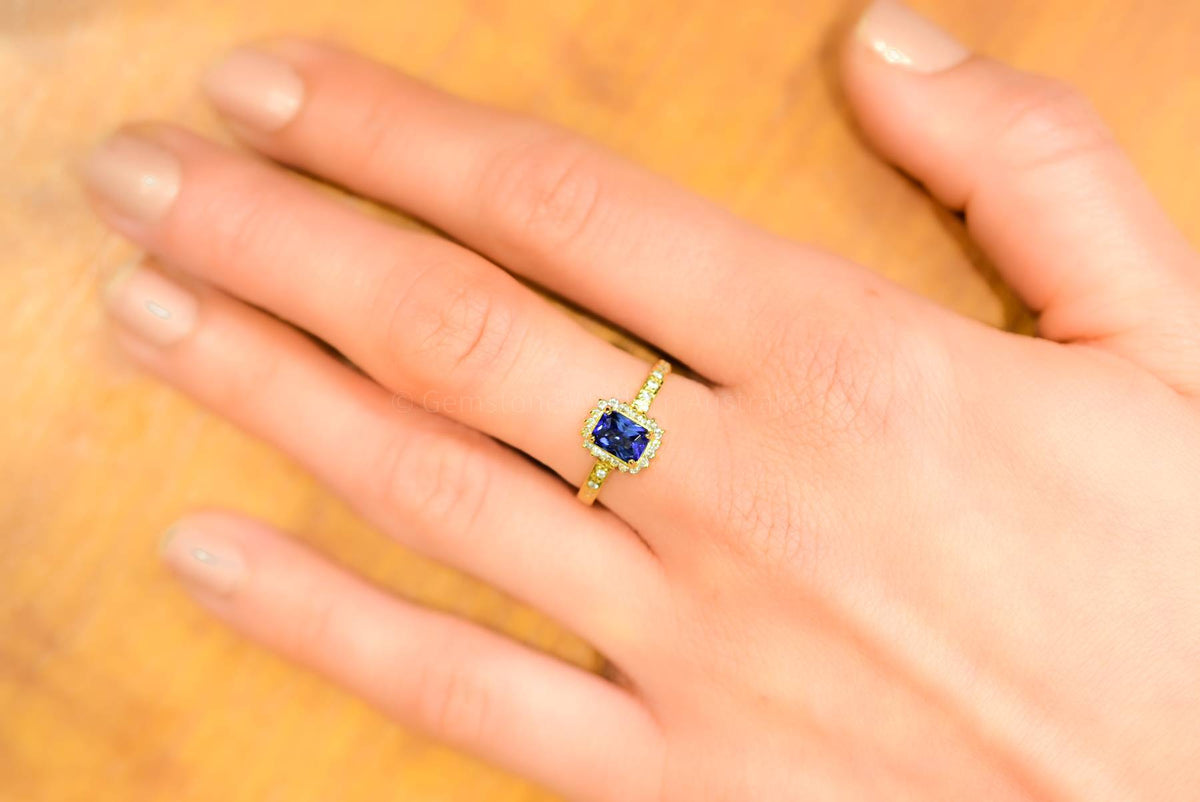Sapphire and Diamond Halo Ring Handmade - Unheated Sapphire
