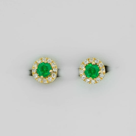 Colombian Emerald and Diamond Stud Earrings in 18K Gold