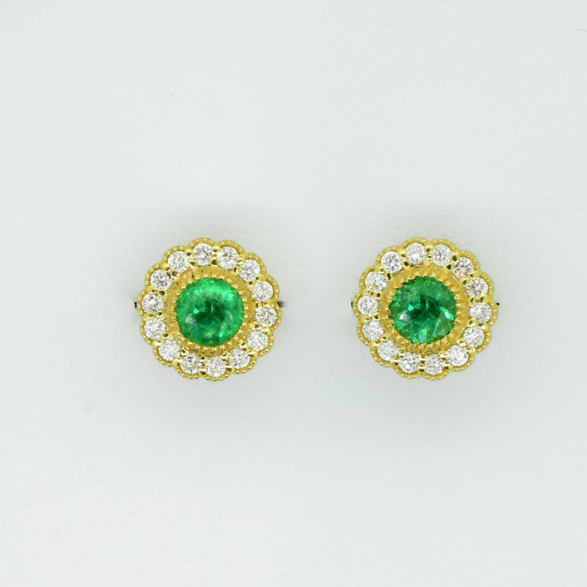 Colombian Emerald Diamond Halo Stud Earrings 18K Yellow Gold