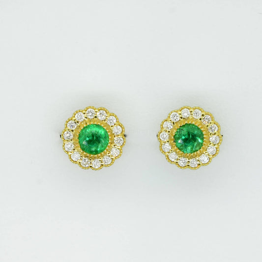 Colombian Emerald Diamond Halo Stud Earrings 18K Yellow Gold