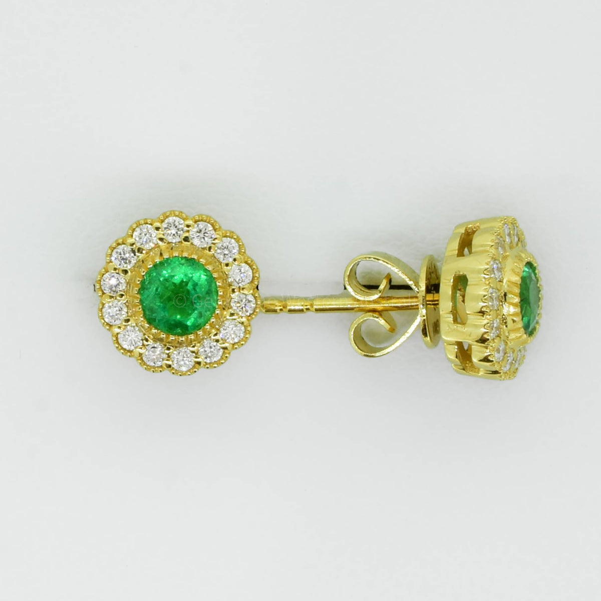 Colombian Emerald Diamond Halo Stud Earrings 18K Yellow Gold