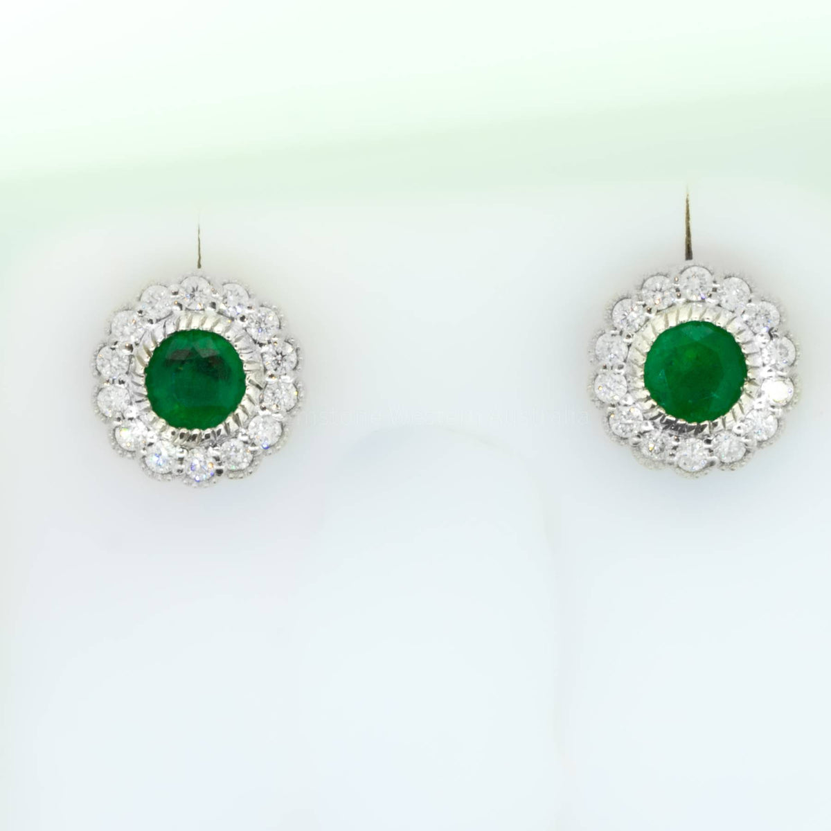 Colombian Emerald Stud Earrings with Mill Grain Diamond Halo in 18K Gold