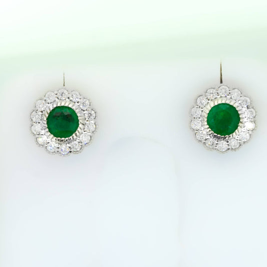 Colombian Emerald Stud Earrings with Mill Grain Diamond Halo in 18K Gold