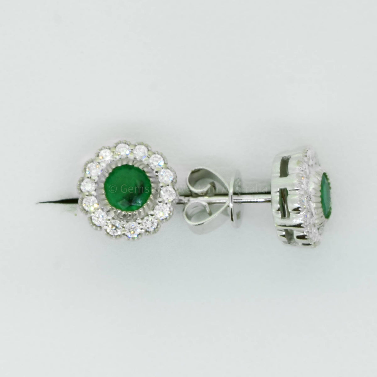 Colombian Emerald Stud Earrings with Mill Grain Diamond Halo in 18K Gold
