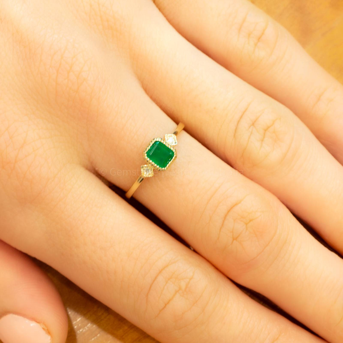Natural Colombian Emerald Three-Stone Ring in Yellow Gold