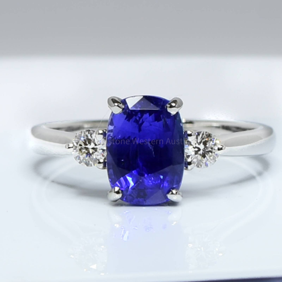 Royal Blue Ceylon Sapphire and Diamond Three Stone Ring 18K Gold