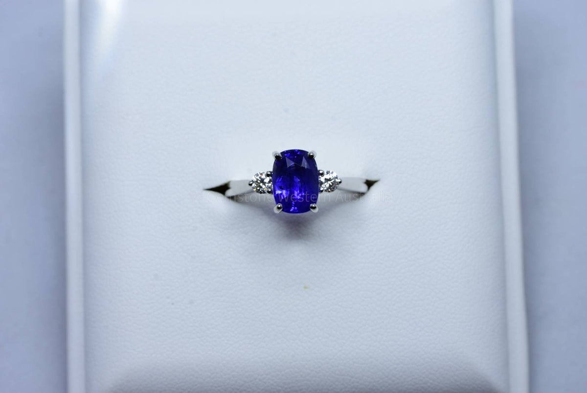 Royal Blue Ceylon Sapphire and Diamond Three Stone Ring 18K Gold