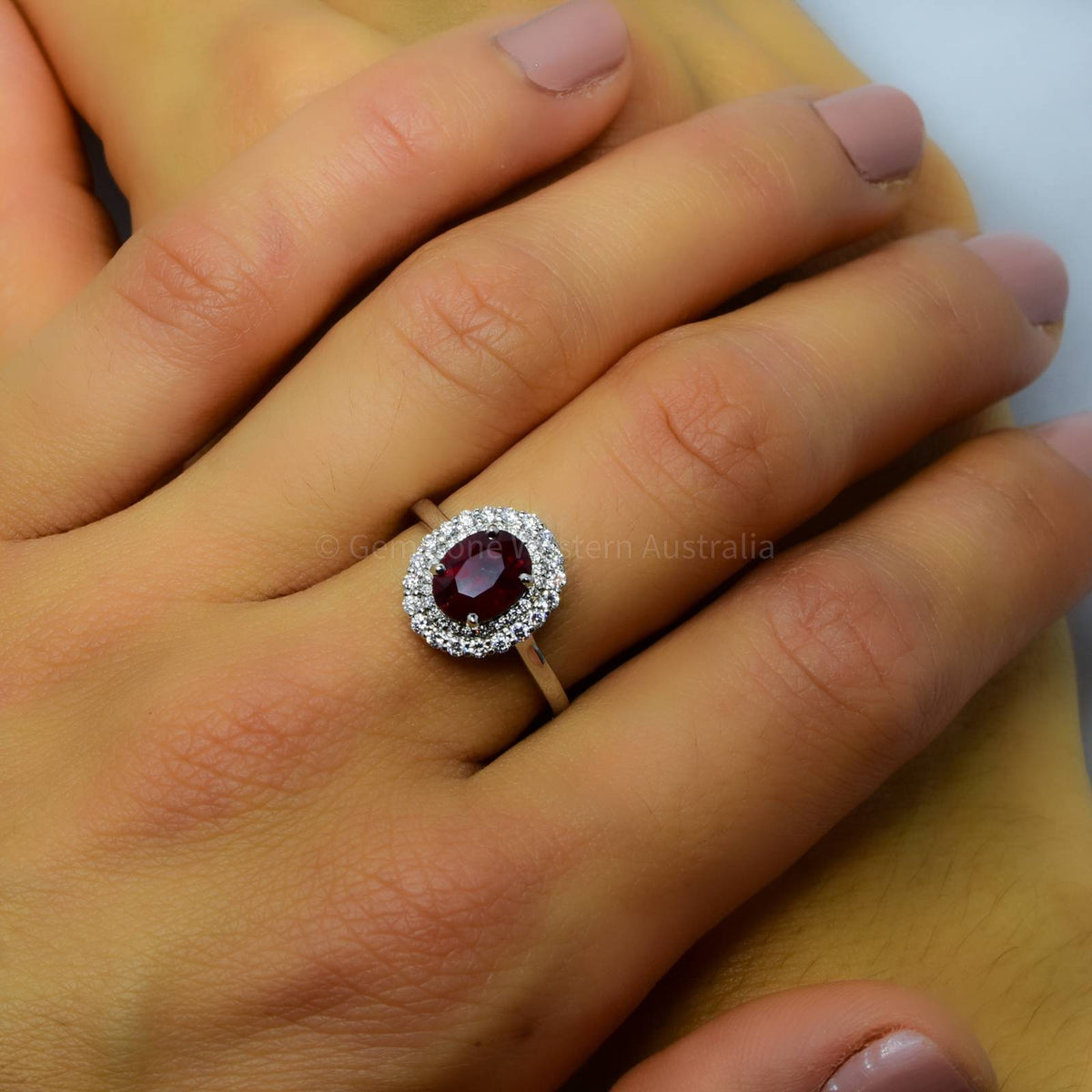 Natural Unheated Ruby and Diamond Halo Ring 18K Gold