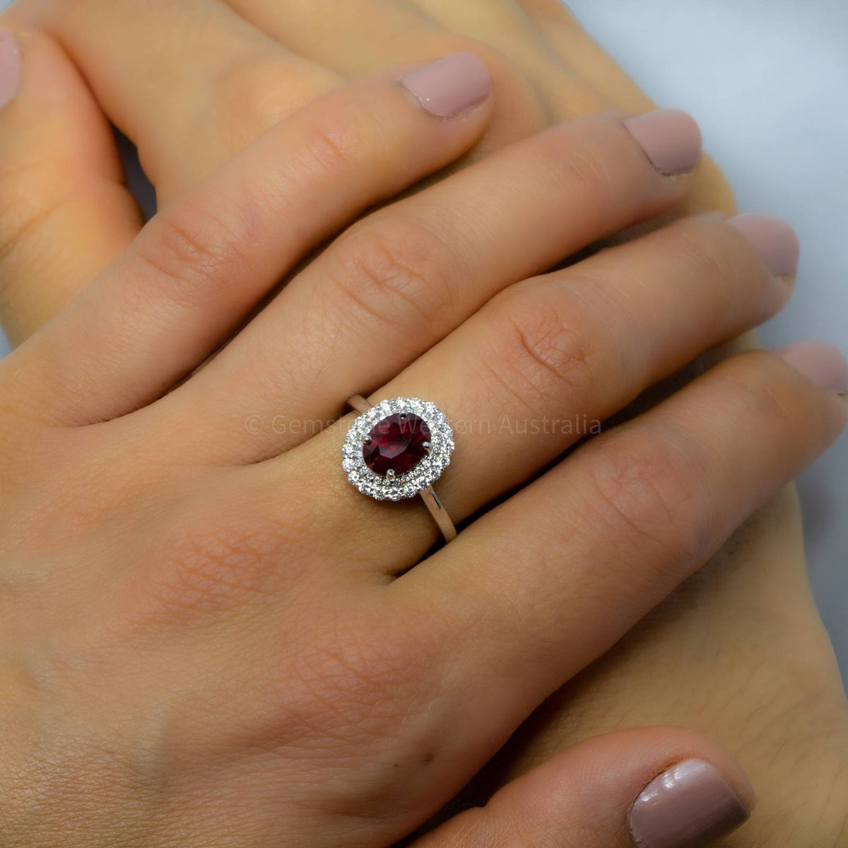 Natural Unheated Ruby and Diamond Halo Ring 18K Gold