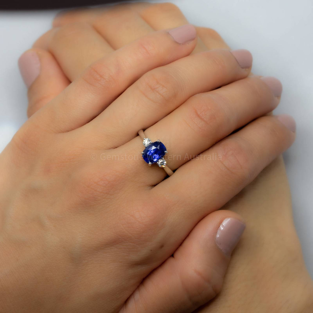 Royal Blue Ceylon Sapphire and Diamond Three Stone Ring 18K Gold