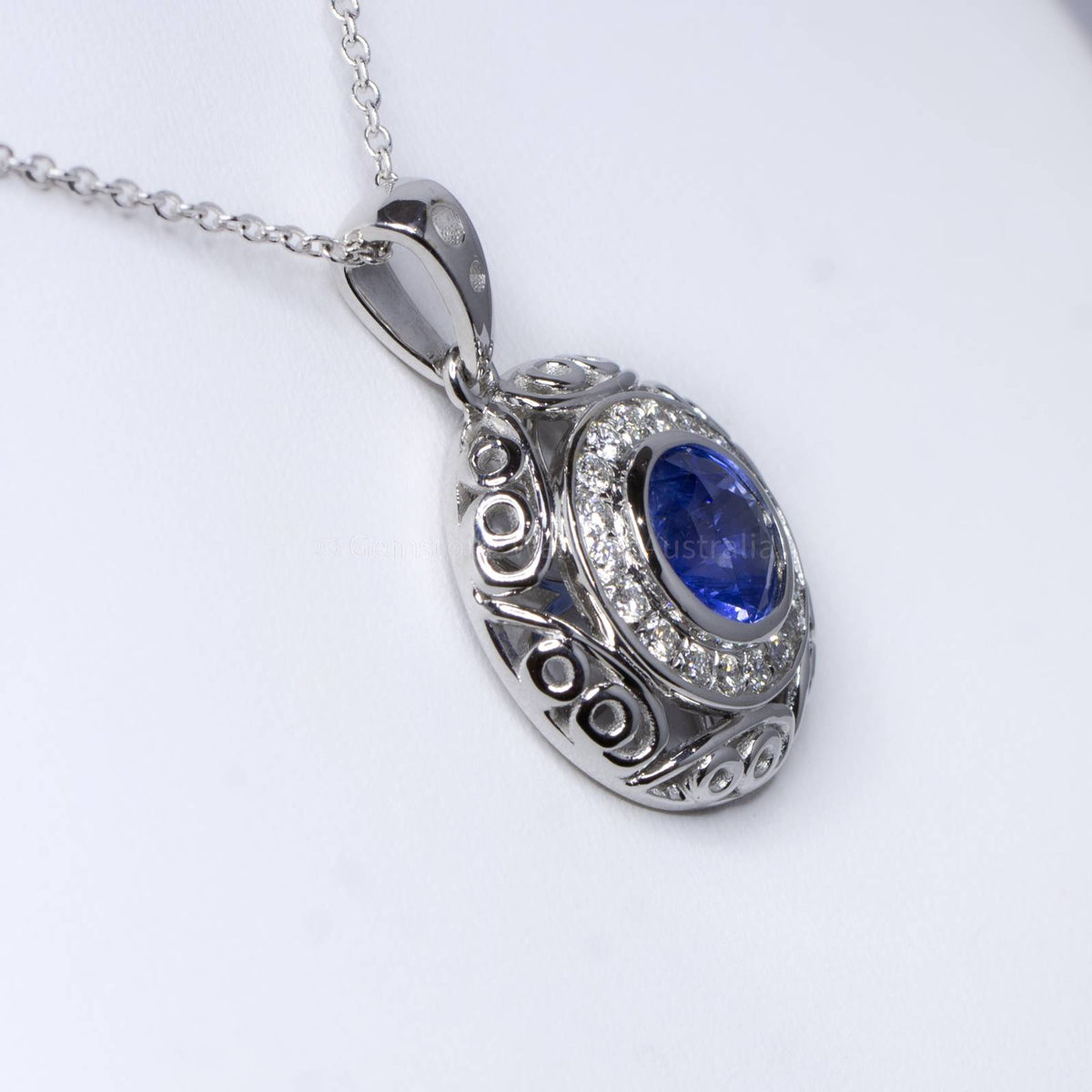 Natural Unheated Blue Sapphire and Diamond Pendant in 18K White Gold