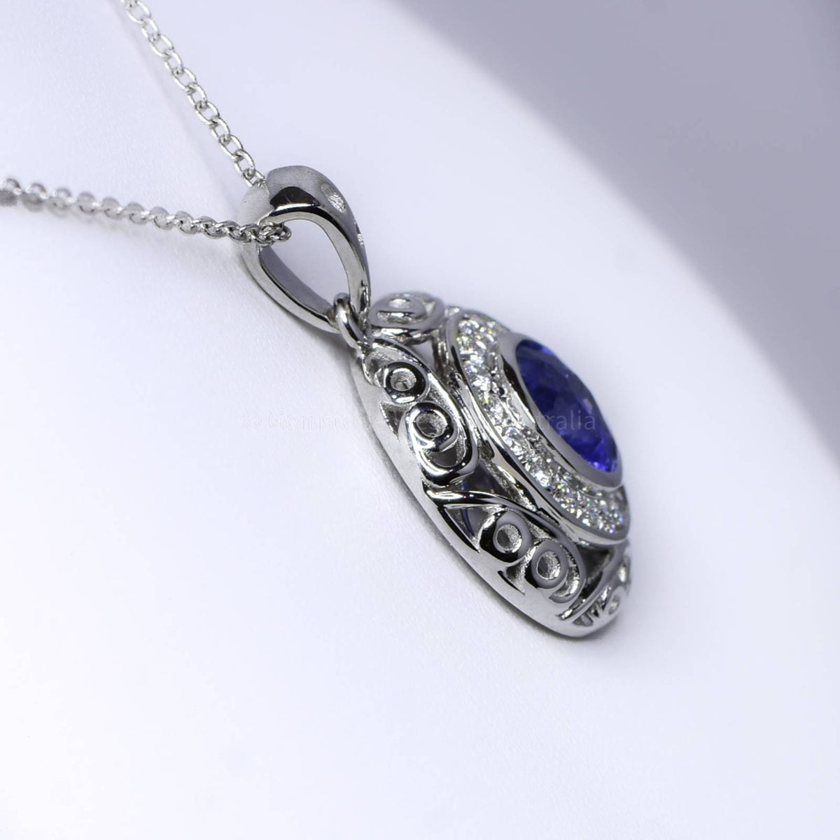 Natural Unheated Blue Sapphire and Diamond Pendant in 18K White Gold