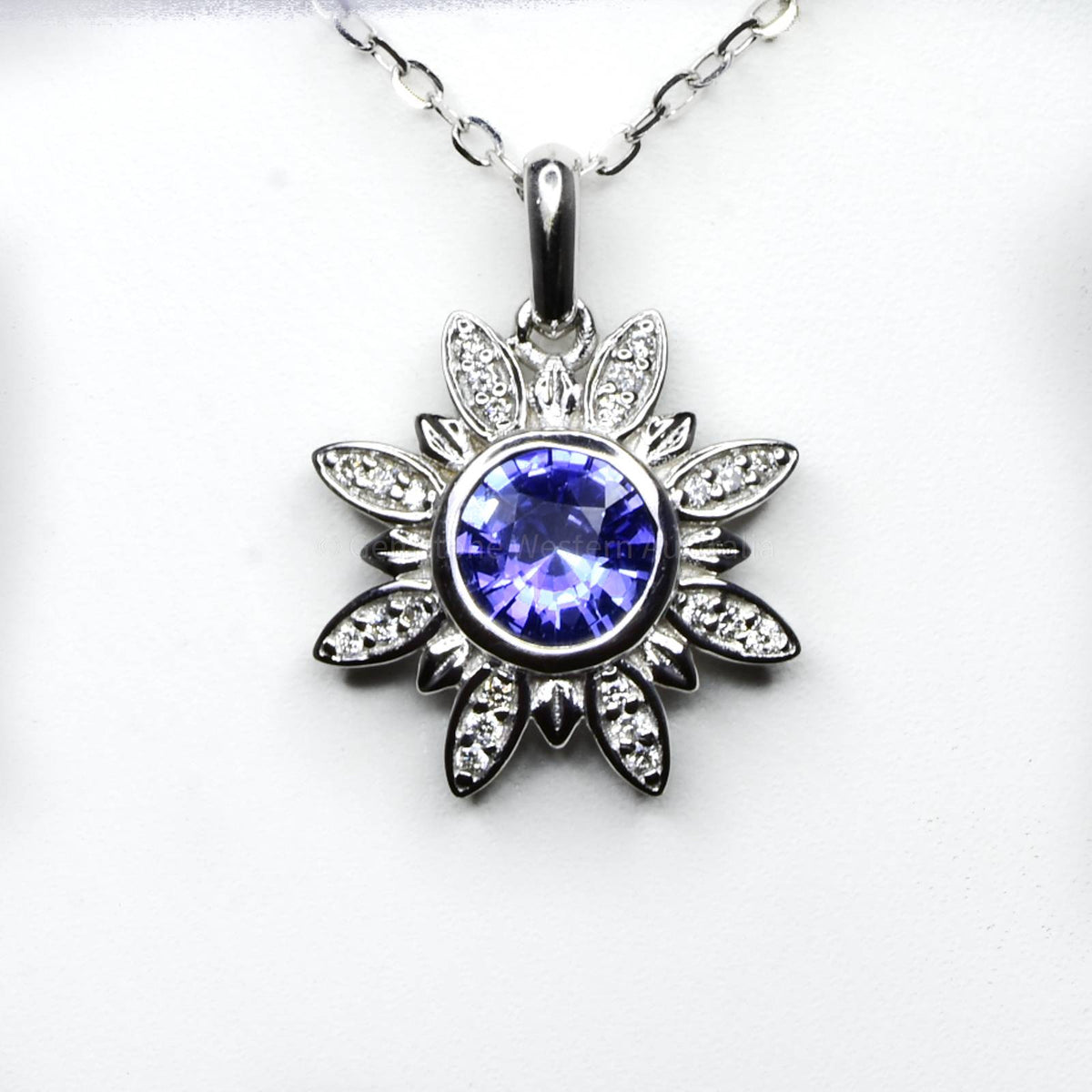 Cornflower Blue Sapphire and Diamonds Flower Pendant in 18K White Gold