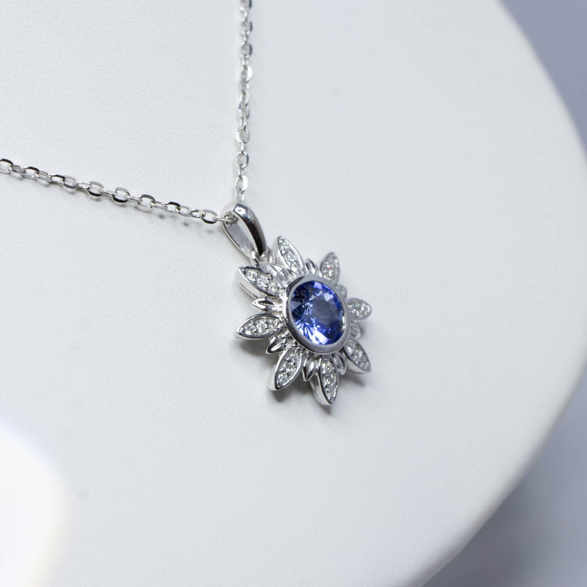 Cornflower Blue Sapphire and Diamonds Flower Pendant in 18K White Gold