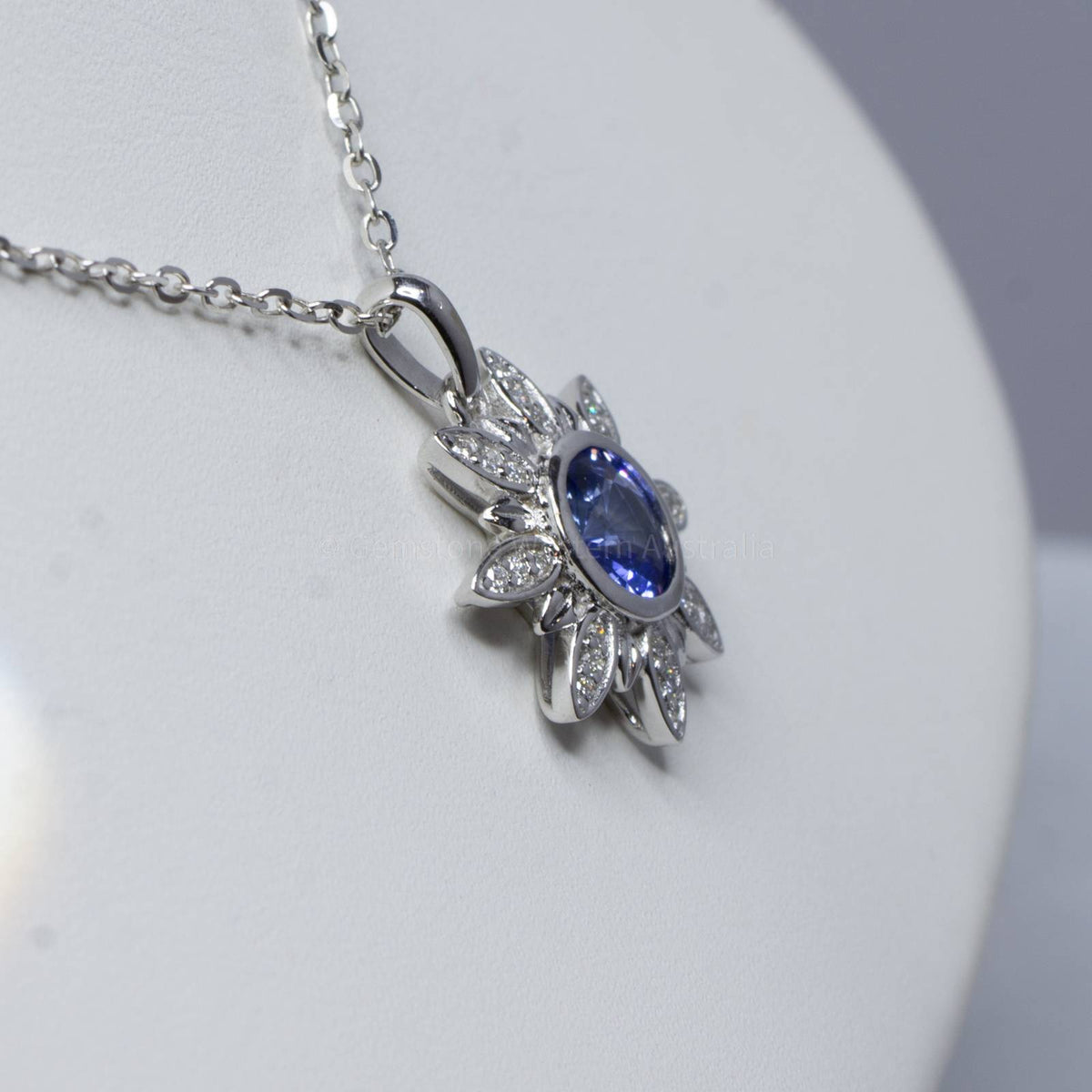 Cornflower Blue Sapphire and Diamonds Flower Pendant in 18K White Gold