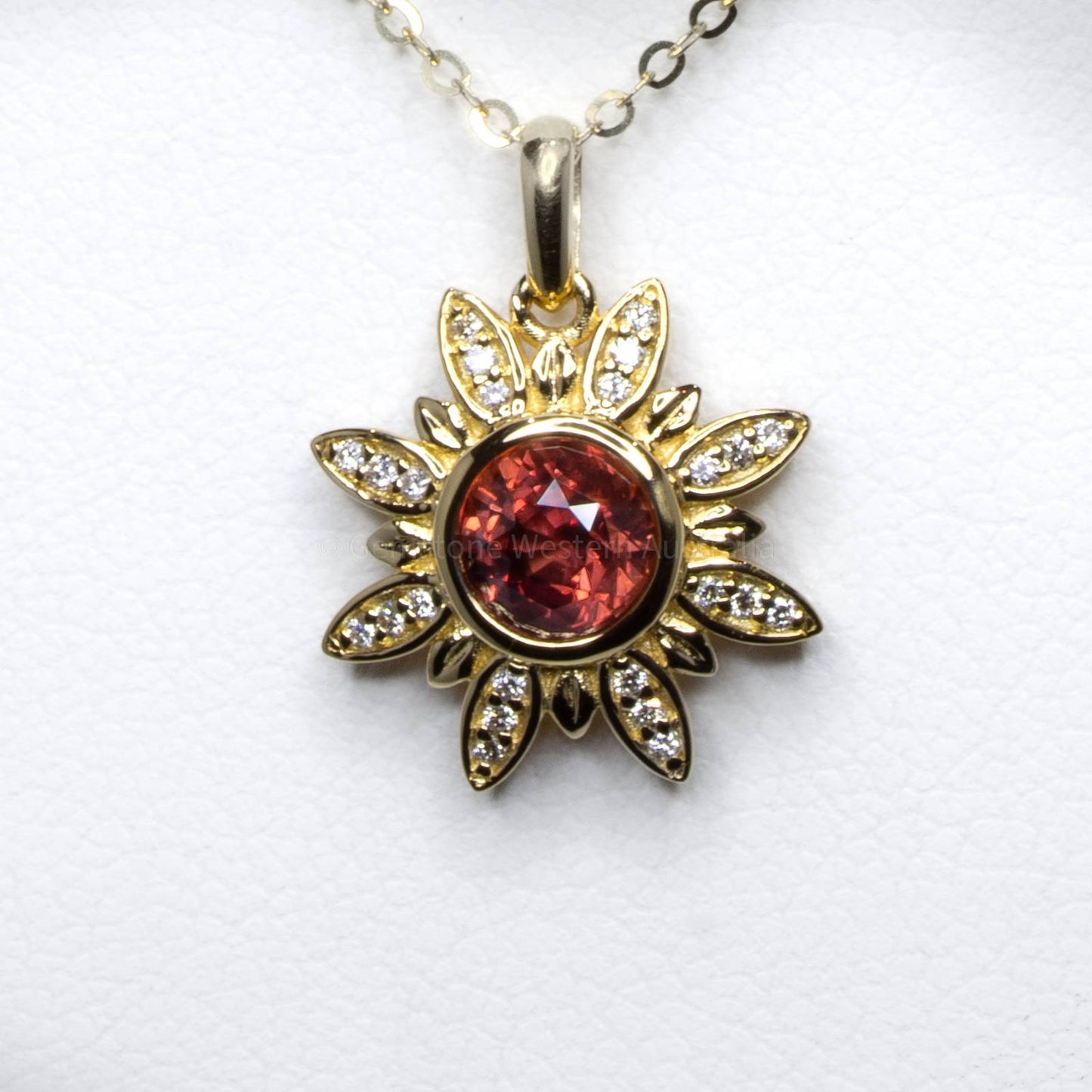 Orangy Red Sapphire and Diamonds Flower Pendant in 18K Yellow Gold