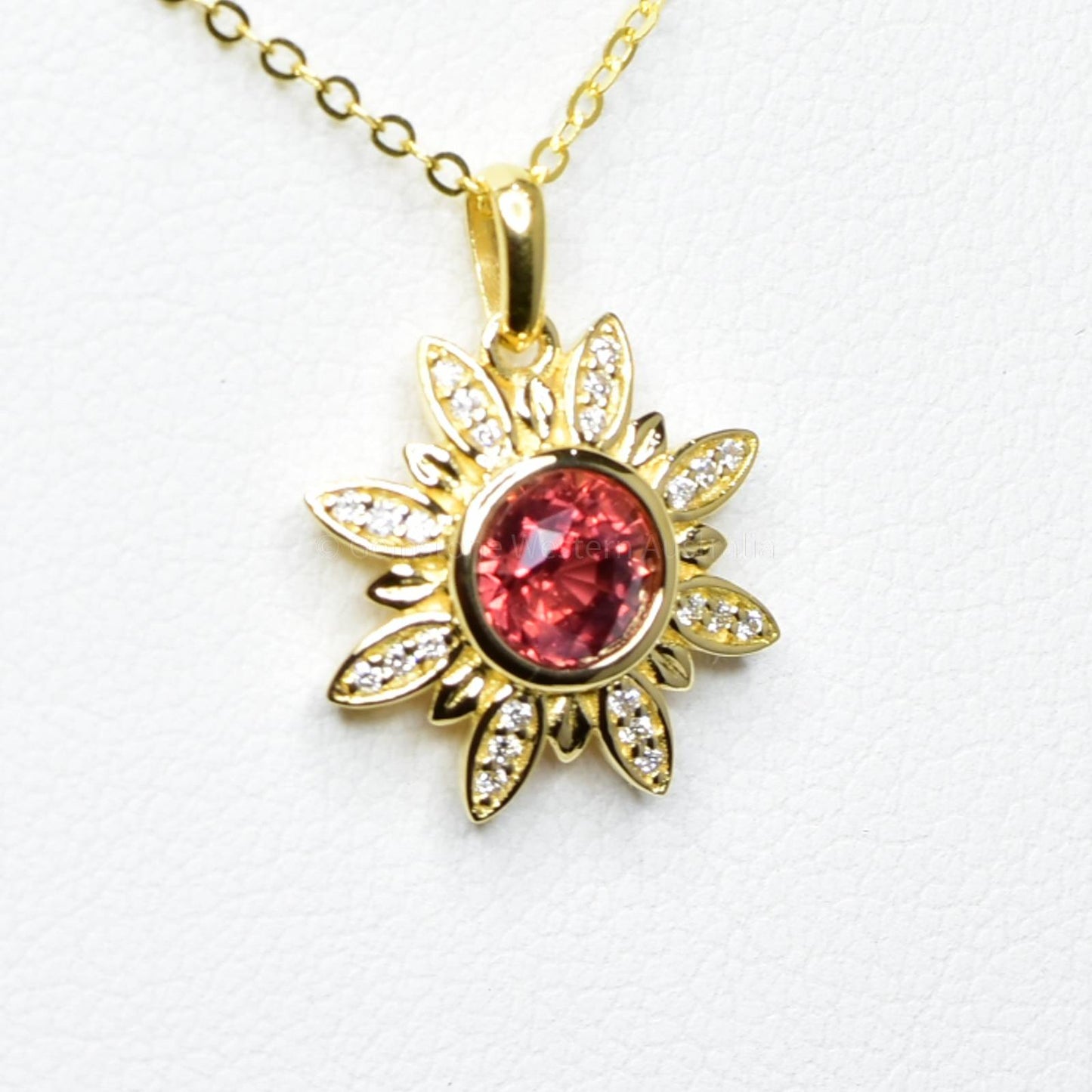 Orangy Red Sapphire and Diamonds Flower Pendant in 18K Yellow Gold